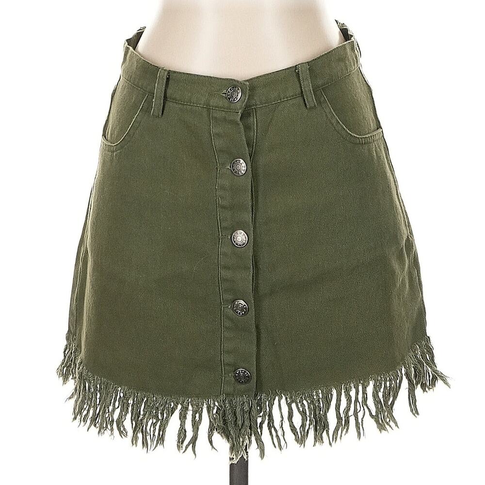 Olive Scent Olive Green Fringed Hem Button Fly Skirt, Utility Boho, Size Large